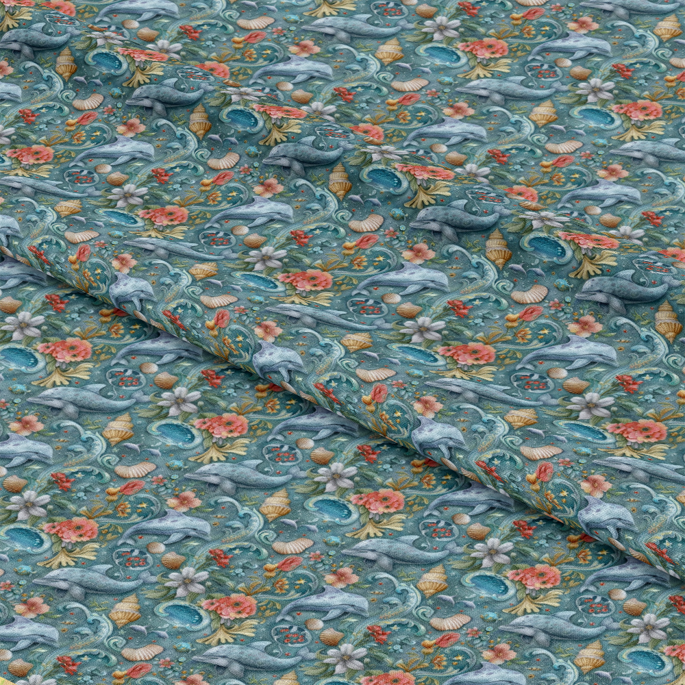 - Swimming with Dolphins Pattern 8 Quilting Cotton Fabric  
- aquatic design  
- marine life  
- dolphins  
- sea shells  
- floral elements  
- ocean tones  
- blue green hues  
- coral accents  
- quilting fabric  
- cotton textile  
- marine pattern  
- underwater theme  
- nature-inspired fabric  
- craft material