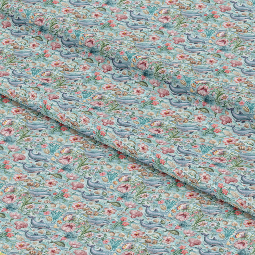 - Swimming with Dolphins Pattern 9 Quilting Cotton Fabric  
- marine life  
- dolphins  
- flowers  
- seashells  
- aquatic plants  
- ocean theme  
- pastel colors  
- blue  
- pink  
- green  
- coral  
- cotton fabric  
- quilting material  
- soft texture  
- lightweight