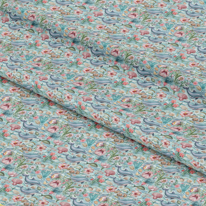 - Swimming with Dolphins Pattern 9 Quilting Cotton Fabric  
- marine life  
- dolphins  
- flowers  
- seashells  
- aquatic plants  
- ocean theme  
- pastel colors  
- blue  
- pink  
- green  
- coral  
- cotton fabric  
- quilting material  
- soft texture  
- lightweight
