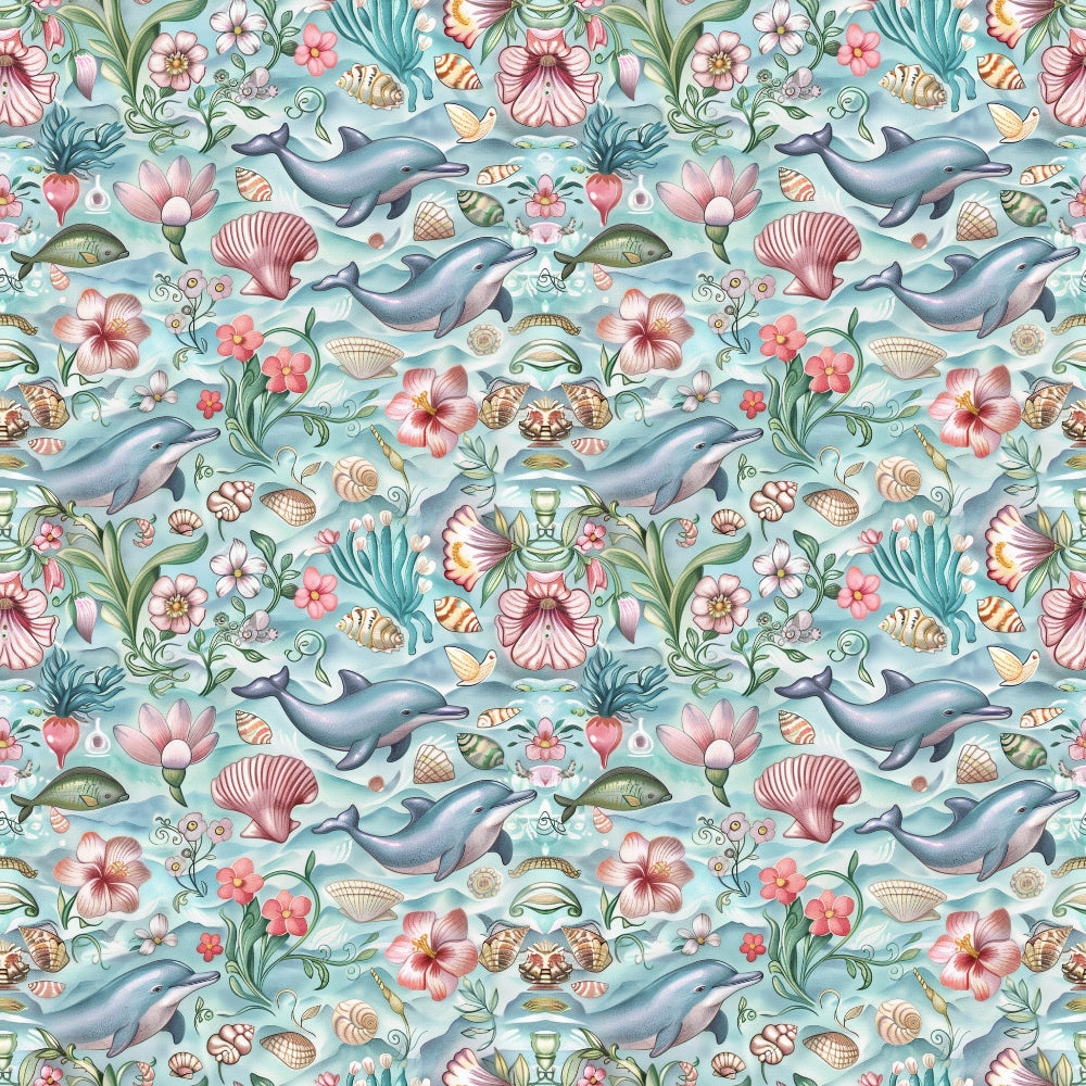 Pattern of dolphins, seashells, flowers, and sea plants on a light blue background.