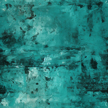 teal, turquoise, aqua, dark green, black, grunge pattern, distressed texture, weathered surface, abstract design, mottled finish, vintage look, aged appearance, rustic style, textured background, quilting cotton, fabric panel, moody atmosphere, industrial feel, worn effect, patina finish