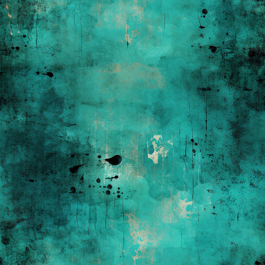 teal, turquoise, aqua, black, grunge, distressed, weathered, aged, vintage, textured, splattered, cracked, paint drips, abstract, moody, industrial, quilting cotton, fabric panel, worn surface, patina effect