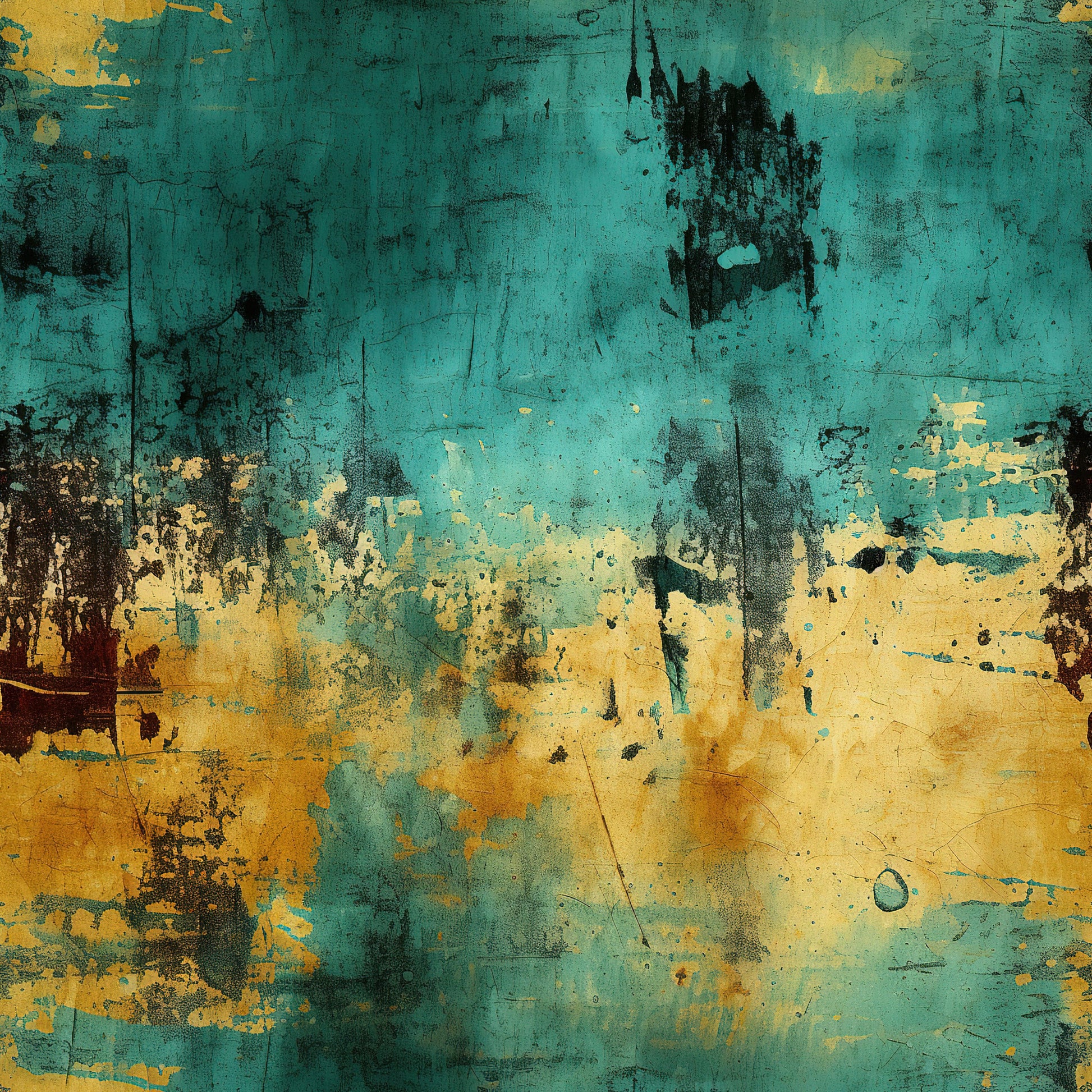 teal, turquoise, golden yellow, amber, black, brown, grunge pattern, distressed texture, weathered surface, abstract design, vintage style, aged appearance, peeling paint effect, rustic mood, quilting cotton, fabric panel, worn finish, industrial aesthetic, textured background, artistic surface