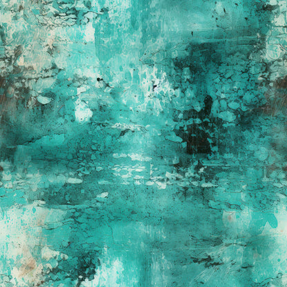 teal, turquoise, aqua, mint green, grunge texture, distressed pattern, weathered surface, cracked paint, abstract design, vintage aesthetic, worn appearance, textured background, quilting cotton, fabric panel, artistic surface, patina effect, rustic style, aged finish, contemporary grunge, mottled texture