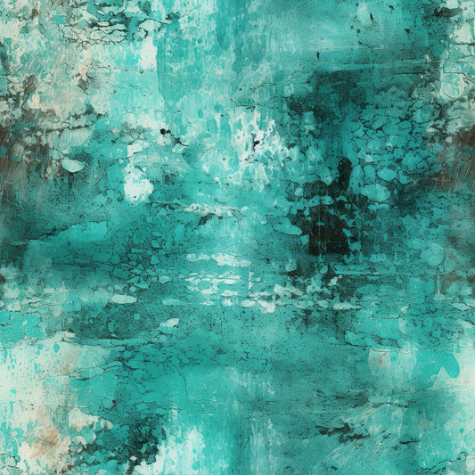 teal, turquoise, aqua, mint green, grunge texture, distressed pattern, weathered surface, cracked paint, abstract design, vintage aesthetic, worn appearance, textured background, quilting cotton, fabric panel, artistic surface, patina effect, rustic style, aged finish, contemporary grunge, mottled texture