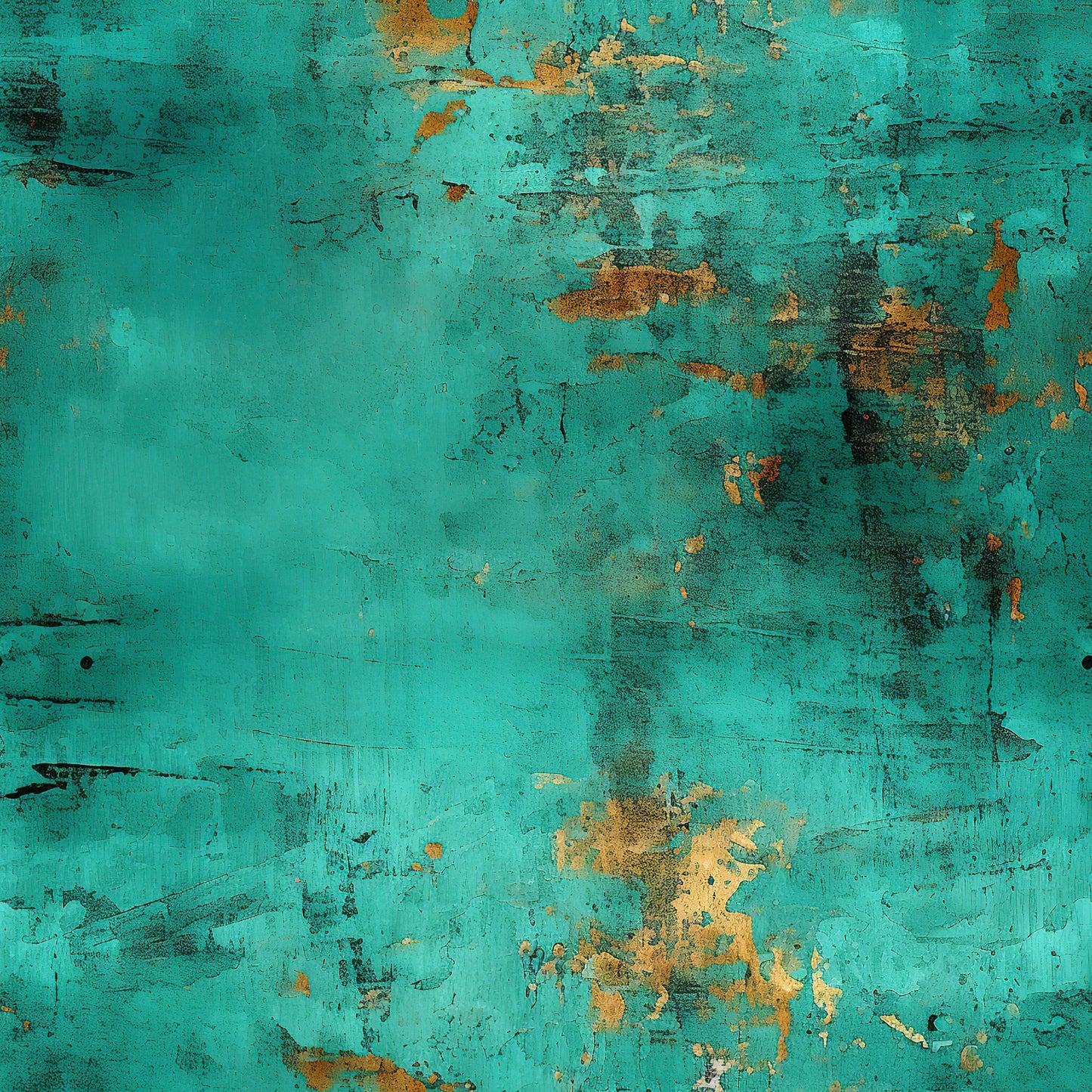 teal, turquoise, copper, rust, orange, grunge, distressed, weathered, peeling paint, oxidized metal, vintage texture, abstract pattern, worn surface, patina effect, quilting cotton, fabric panel, industrial style, aged appearance, corroded finish, artistic background