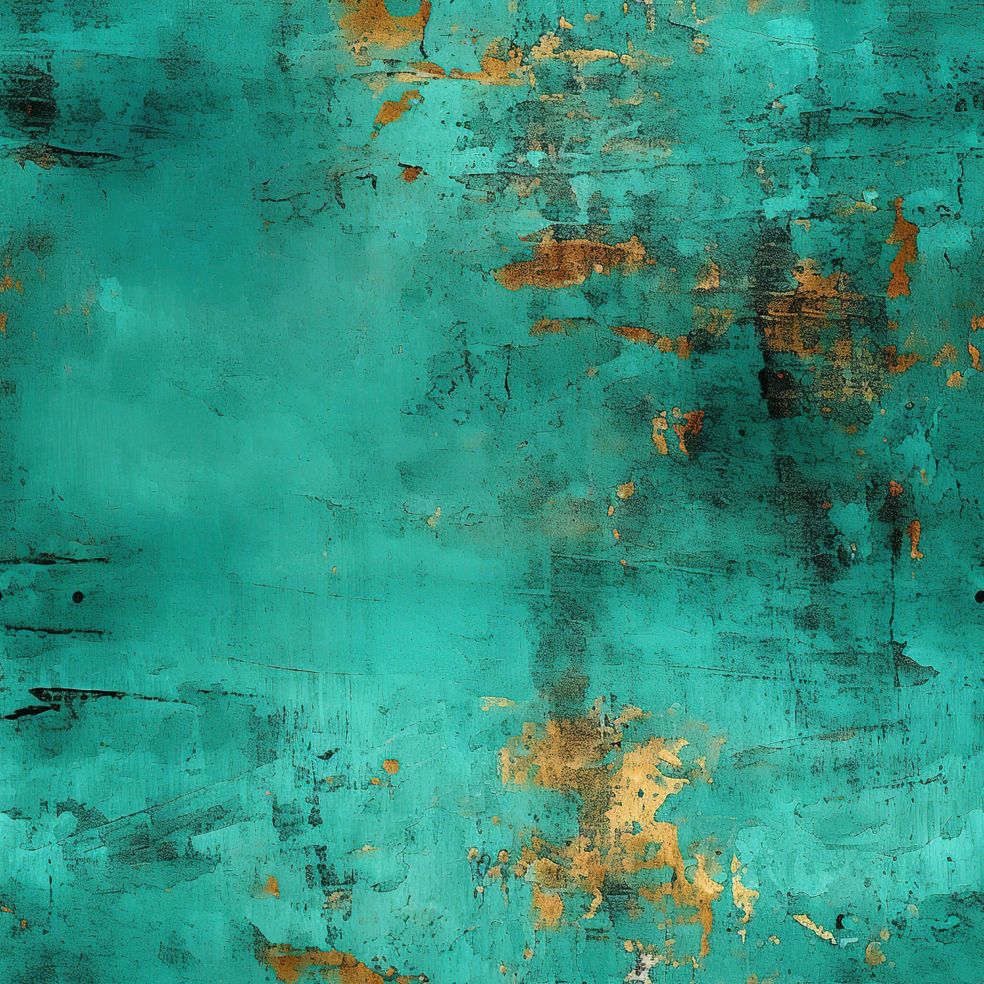 teal, turquoise, copper, rust, orange, grunge, distressed, weathered, peeling paint, oxidized metal, vintage texture, abstract pattern, worn surface, patina effect, quilting cotton, fabric panel, industrial style, aged appearance, corroded finish, artistic background