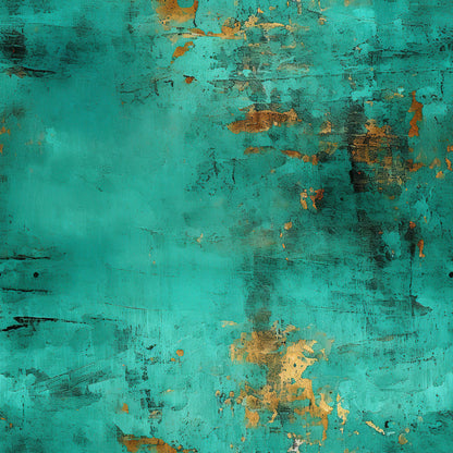 teal, turquoise, copper, rust, orange, grunge, distressed, weathered, peeling paint, oxidized metal, vintage texture, abstract pattern, worn surface, patina effect, quilting cotton, fabric panel, industrial style, aged appearance, corroded finish, artistic background