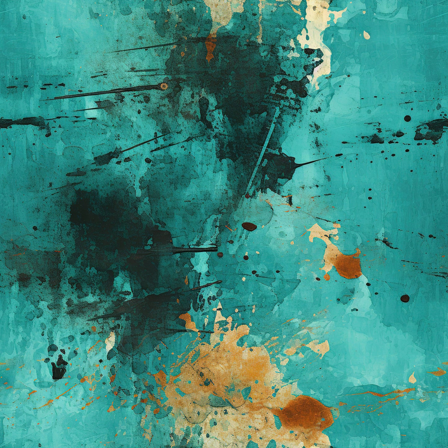 teal, turquoise, aqua, orange, gold, rust, black, grunge pattern, abstract design, distressed texture, splatter effect, weathered look, vintage style, artistic splashes, ink blots, cotton fabric, quilting panel, modern art, contemporary design, textured surface