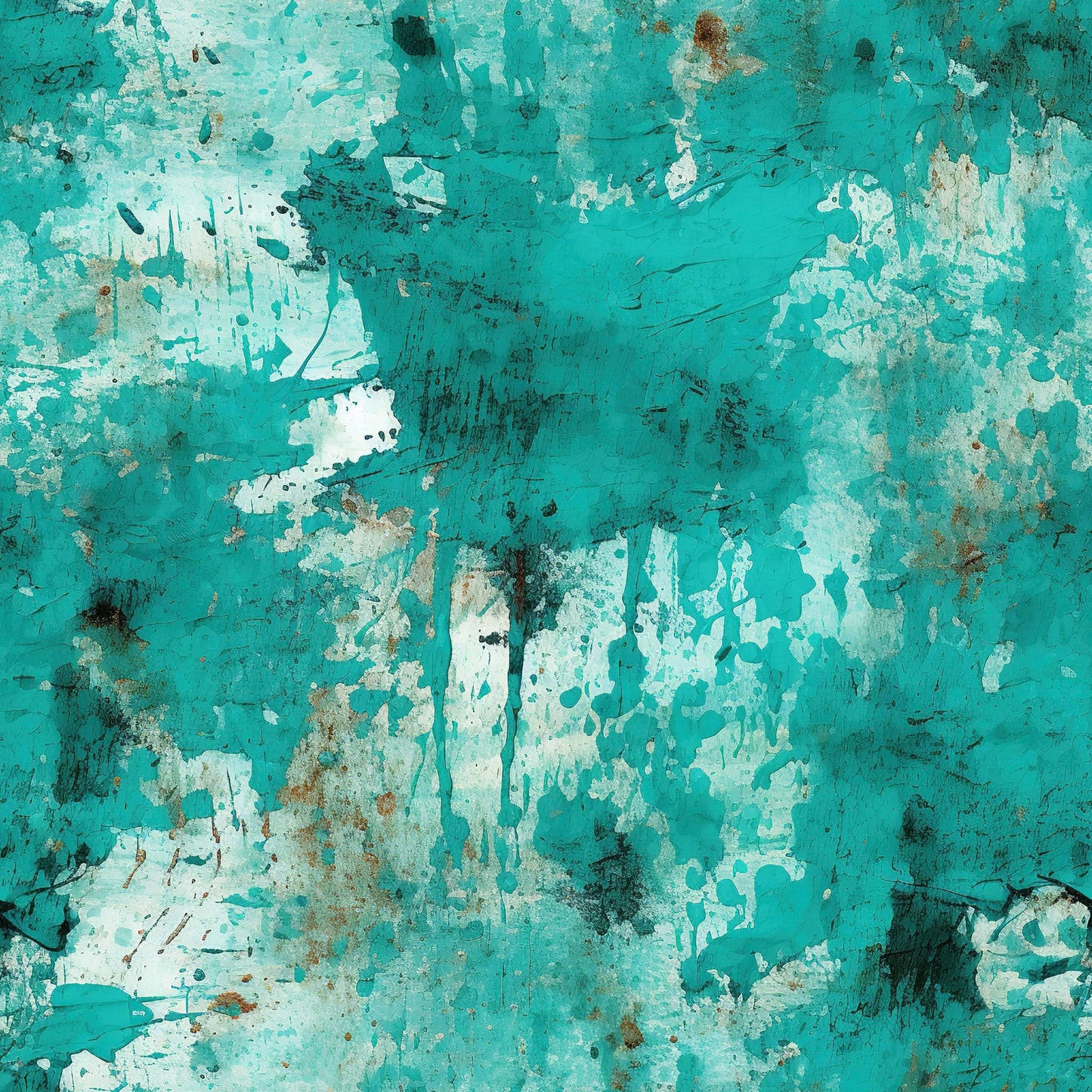 teal, turquoise, aqua, white, grunge pattern, distressed texture, weathered surface, peeling paint, abstract design, vintage style, rustic finish, quilting cotton, fabric panel, artistic splashes, aged appearance, textured background, modern grunge, crafting material, sewing fabric, contemporary art
