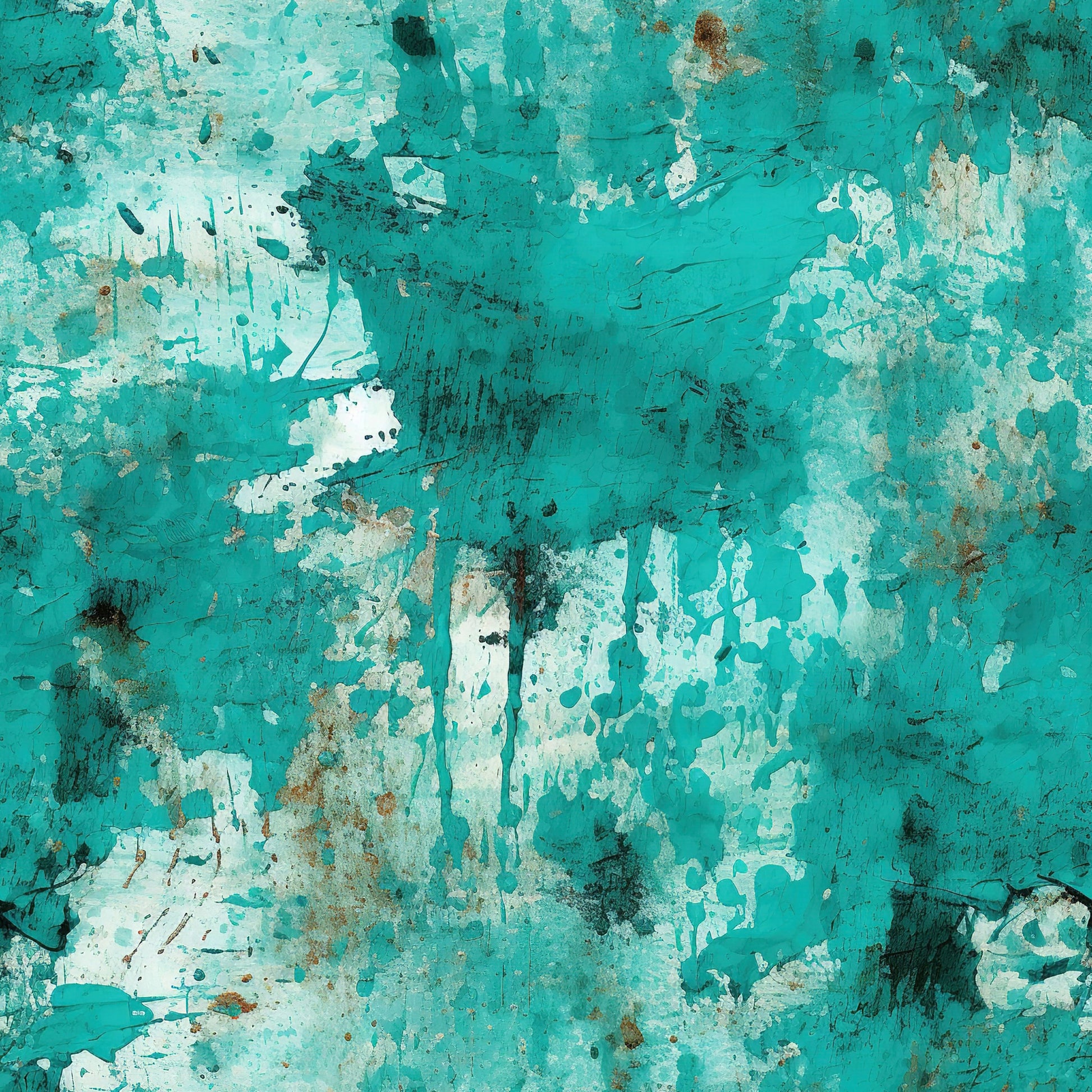 teal, turquoise, aqua, white, grunge pattern, distressed texture, weathered surface, peeling paint, abstract design, vintage style, rustic finish, quilting cotton, fabric panel, artistic splashes, aged appearance, textured background, modern grunge, crafting material, sewing fabric, contemporary art