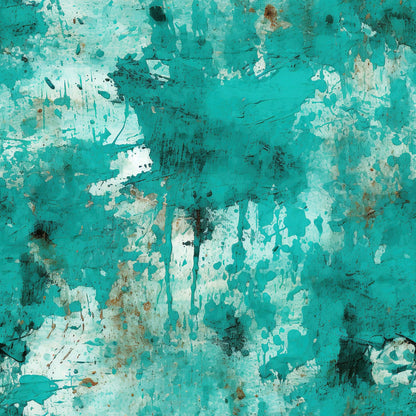 teal, turquoise, aqua, white, grunge pattern, distressed texture, weathered surface, peeling paint, abstract design, vintage style, rustic finish, quilting cotton, fabric panel, artistic splashes, aged appearance, textured background, modern grunge, crafting material, sewing fabric, contemporary art