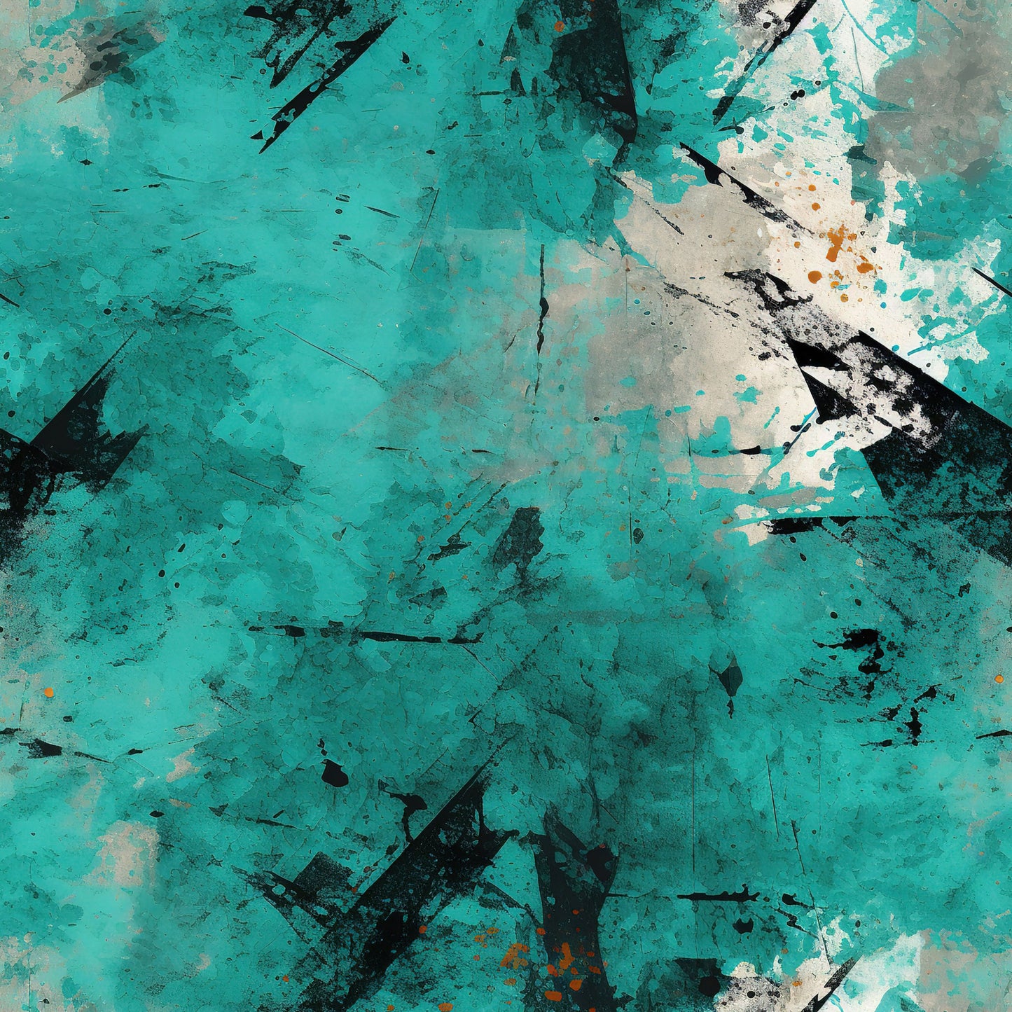 teal, turquoise, aqua, black, white, gray, orange accents, grunge pattern, abstract design, distressed texture, weathered surface, splatter marks, brush strokes, urban art style, edgy mood, quilting cotton, fabric panel, artistic background, paint splatters, textured surface