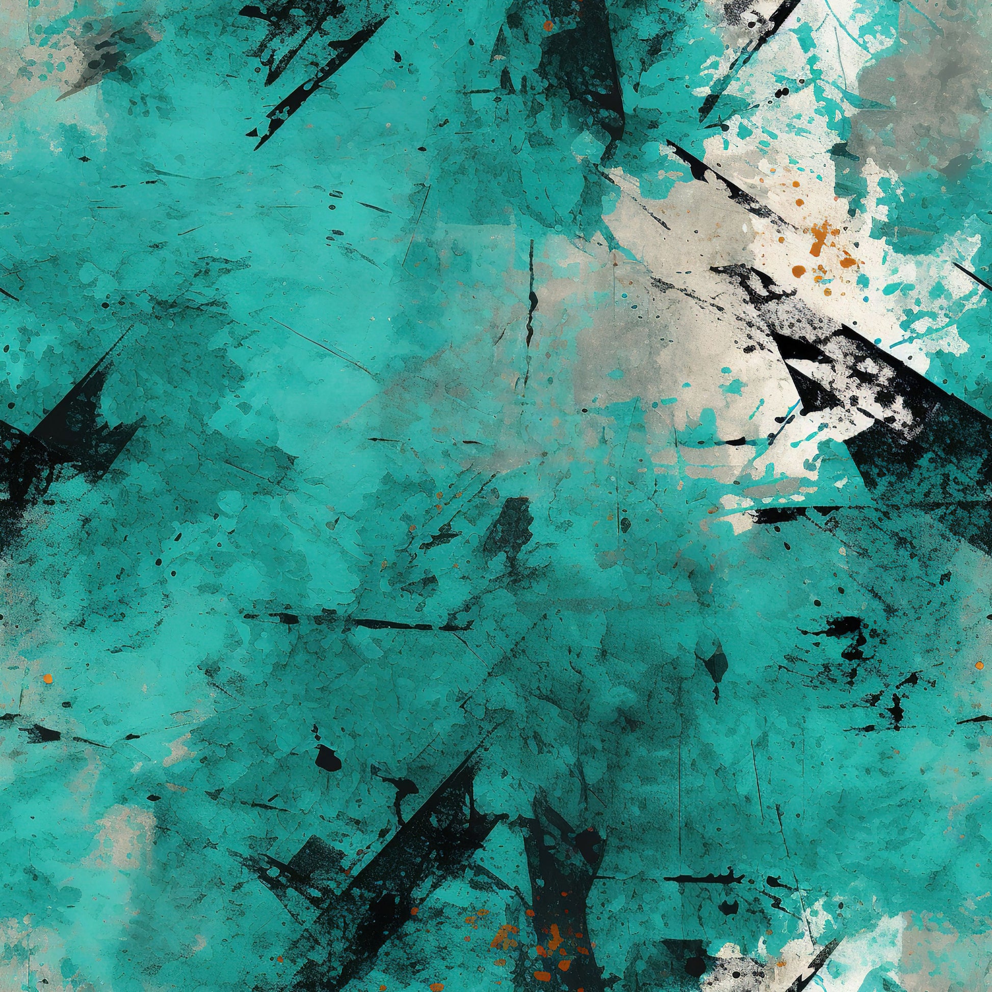 teal, turquoise, aqua, black, white, gray, orange accents, grunge pattern, abstract design, distressed texture, weathered surface, splatter marks, brush strokes, urban art style, edgy mood, quilting cotton, fabric panel, artistic background, paint splatters, textured surface