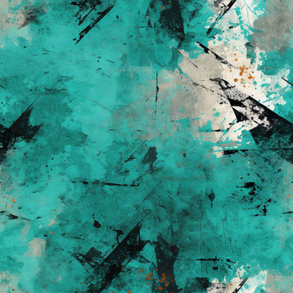 teal, turquoise, aqua, black, white, gray, orange accents, grunge pattern, abstract design, distressed texture, weathered surface, splatter marks, brush strokes, urban art style, edgy mood, quilting cotton, fabric panel, artistic background, paint splatters, textured surface