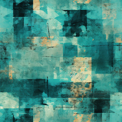 teal, turquoise, aqua, beige, tan, grunge, distressed, abstract, geometric, squares, rectangles, layered, textured, weathered, vintage, artistic, moody, quilting cotton, fabric panel, contemporary
