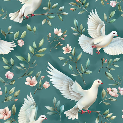 Teal and Doves Pattern 2 Quilting Cotton Fabric