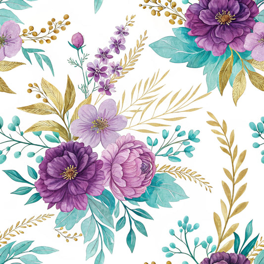 Teal and Purple Floral Pattern 1 Quilting Cotton Fabric