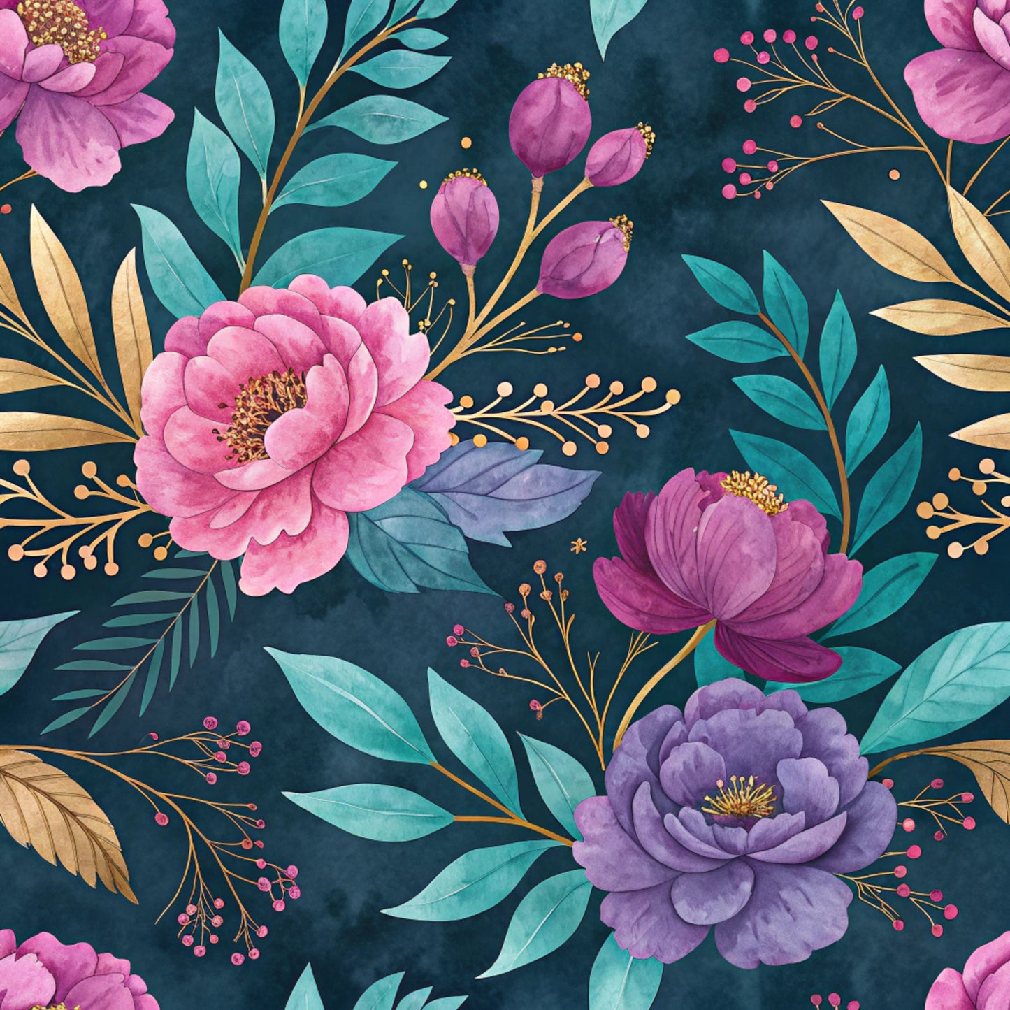 Teal and Purple Floral Pattern 13 Quilting Cotton Fabric