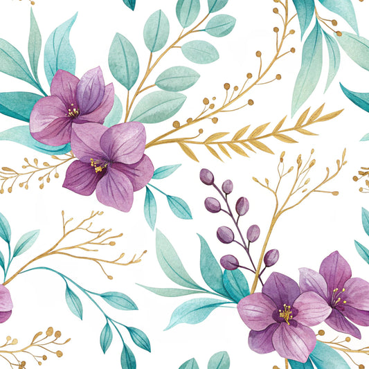 Teal and Purple Floral Pattern 17 Quilting Cotton Fabric