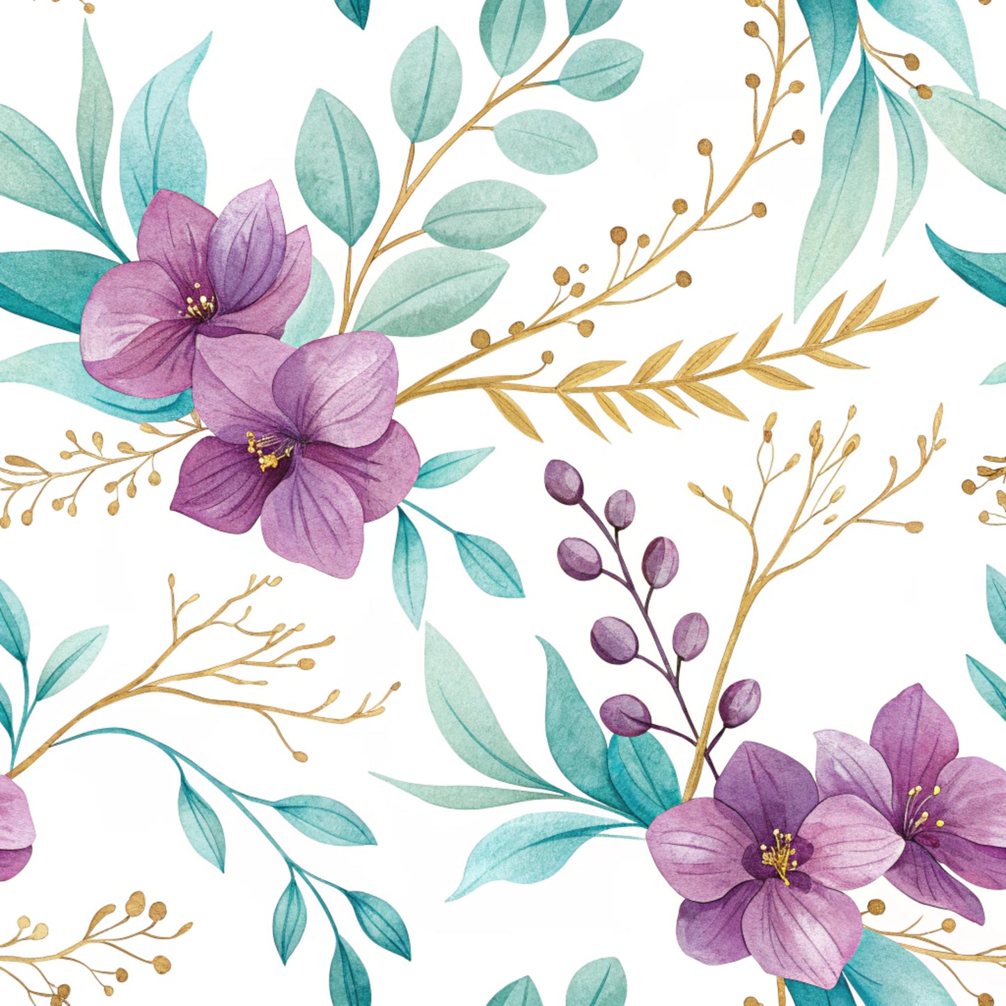 Teal and Purple Floral Pattern 17 Quilting Cotton Fabric