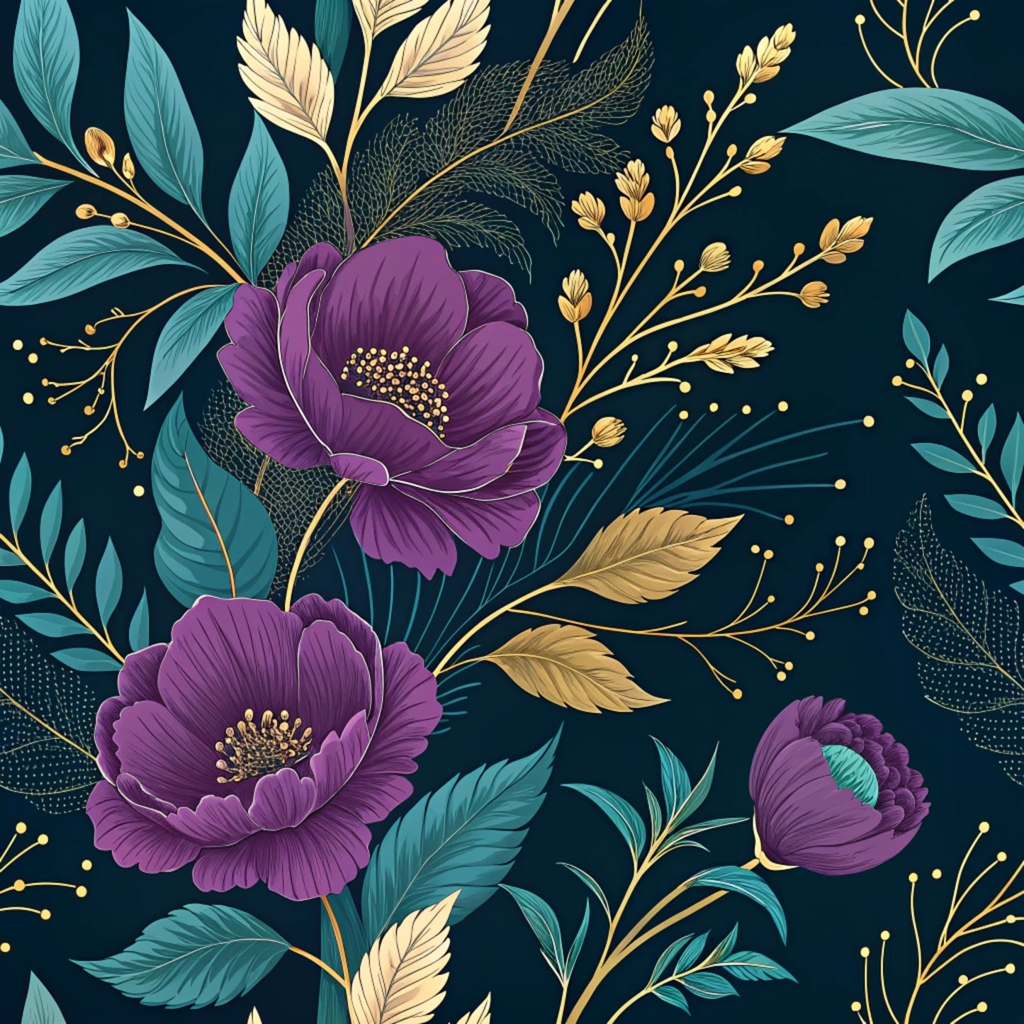 Teal and Purple Floral Pattern 18 Quilting Cotton Fabric