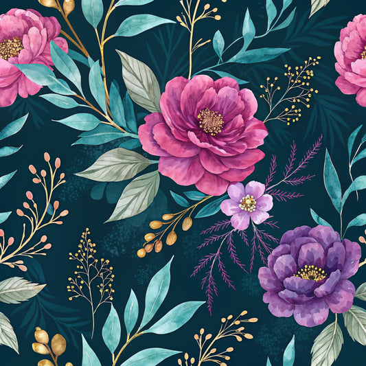 Teal and Purple Floral Pattern 2 Quilting Cotton Fabric
