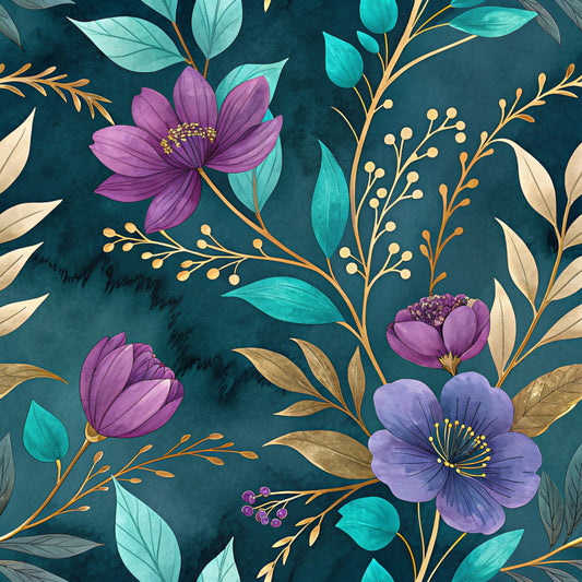 Teal and Purple Floral Pattern 21 Quilting Cotton Fabric