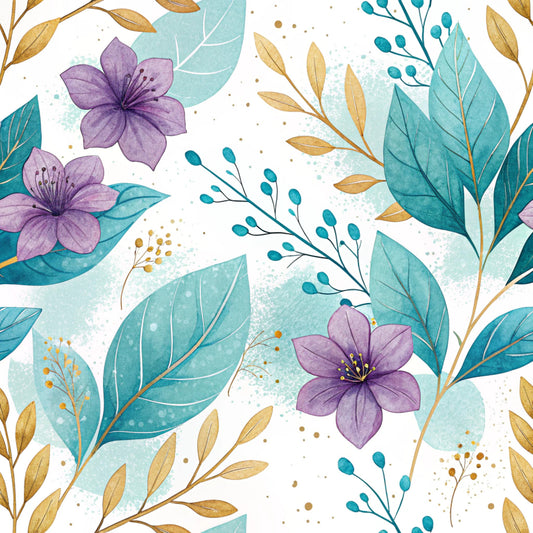 Teal and Purple Floral Pattern 23 Quilting Cotton Fabric
