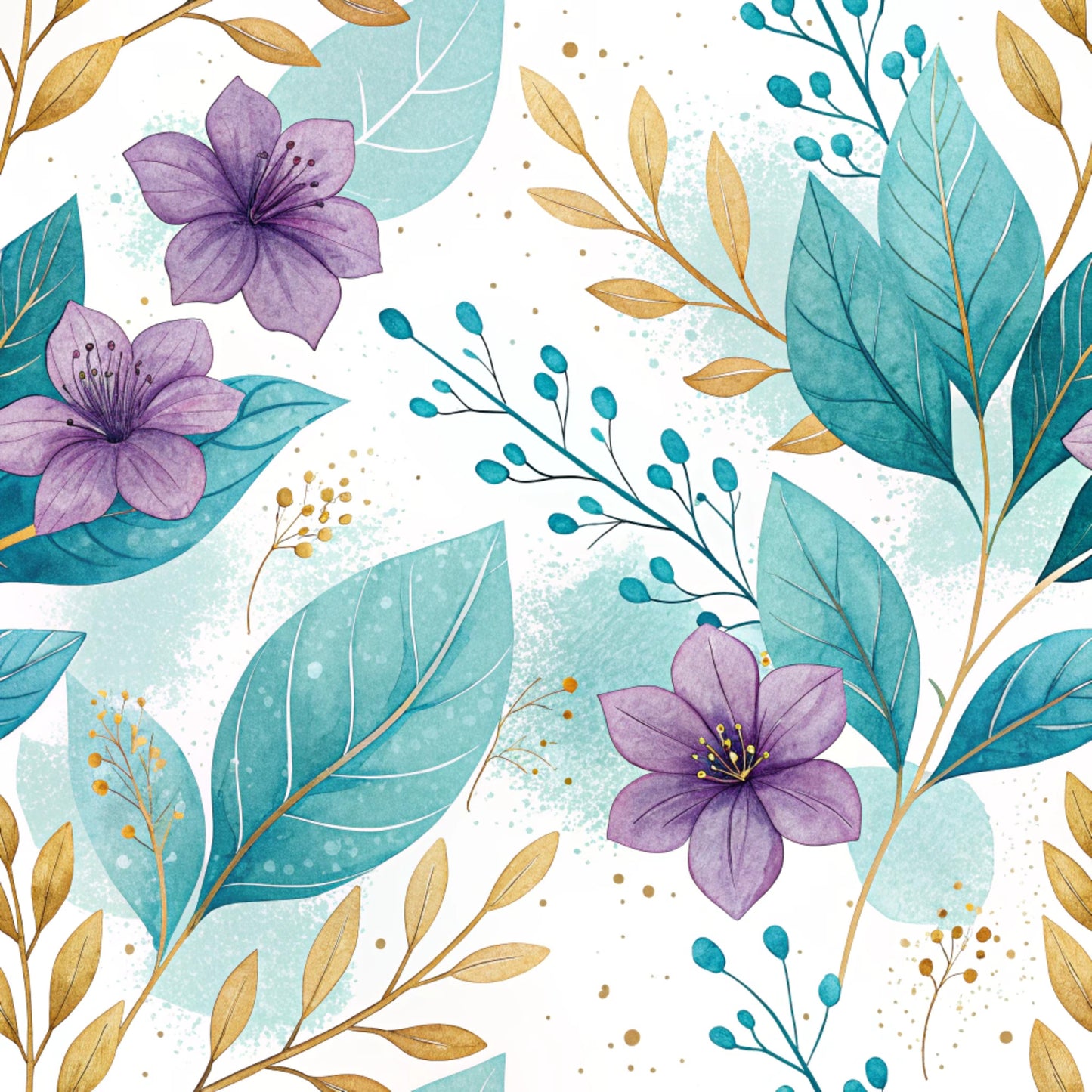 Teal and Purple Floral Pattern 23 Quilting Cotton Fabric