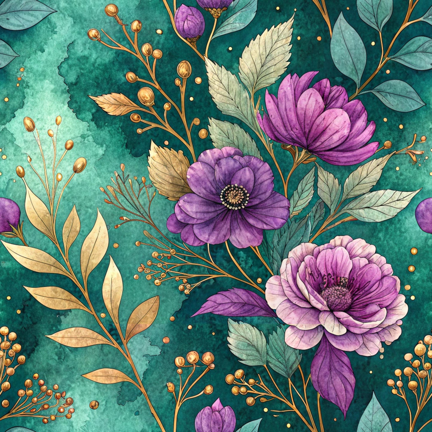 Teal and Purple Floral Pattern 24 Quilting Cotton Fabric