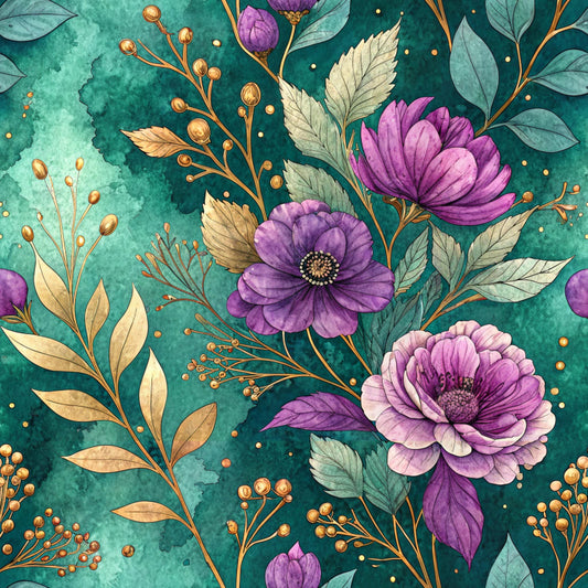 Teal and Purple Floral Pattern 24 Quilting Cotton Fabric