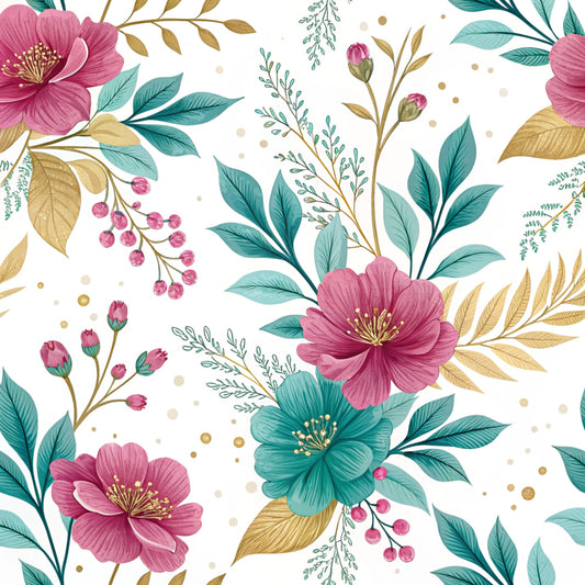 Teal and Purple Floral Pattern 25 Quilting Cotton Fabric