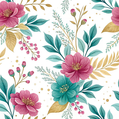 Teal and Purple Floral Pattern 25 Quilting Cotton Fabric
