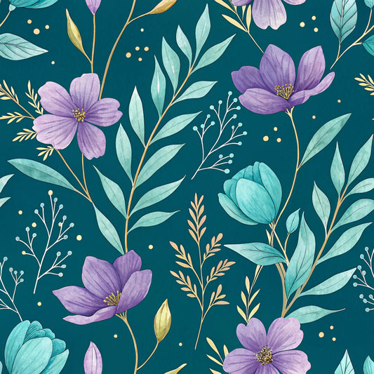 Teal and Purple Floral Pattern 26 Quilting Cotton Fabric