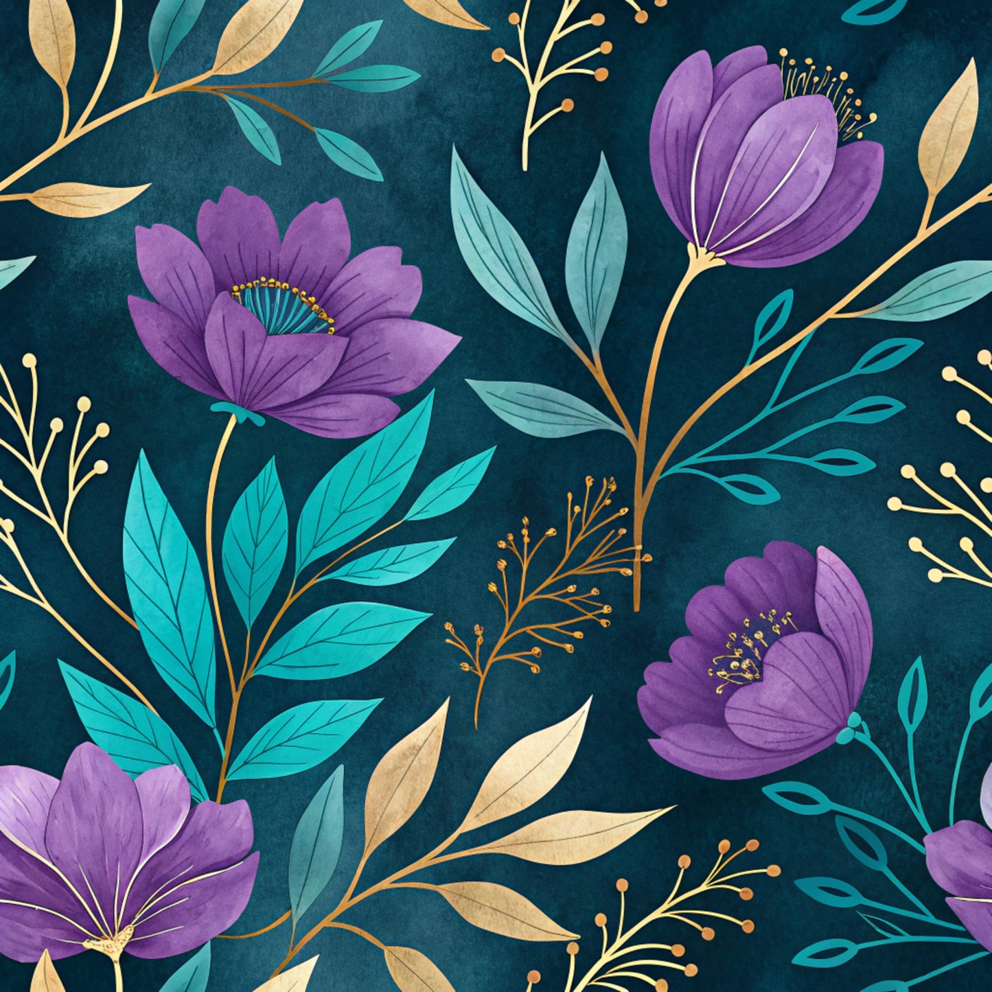 Teal and Purple Floral Pattern 28 Quilting Cotton Fabric