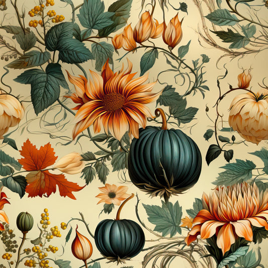 autumn botanical, pumpkins, sunflowers, orange blooms, teal green, cream background, vine pattern, fall leaves, yellow berries, quilting cotton, fabric panel, thanksgiving theme, harvest motifs, floral design, botanical illustration, seasonal pattern, autumn colors, decorative gourds, nature elements, vintage style