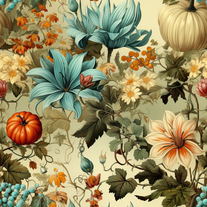 thanksgiving, autumn colors, orange pumpkins, teal flowers, cream background, botanical pattern, fall foliage, orange berries, quilting cotton, fabric panel, floral design, harvest theme, vintage style, decorative leaves, seasonal motifs, elegant pattern, warm tones, nature elements, cotton fabric