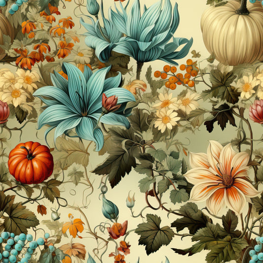 thanksgiving, autumn colors, orange pumpkins, teal flowers, cream background, botanical pattern, fall foliage, orange berries, quilting cotton, fabric panel, floral design, harvest theme, vintage style, decorative leaves, seasonal motifs, elegant pattern, warm tones, nature elements, cotton fabric