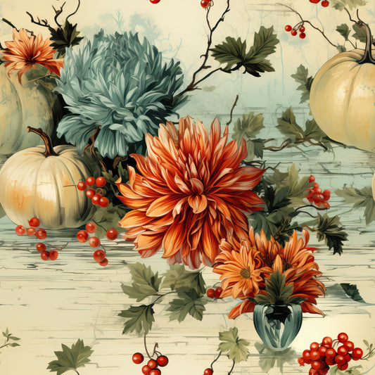 orange, cream, sage green, red berries, autumn flowers, pumpkins, dahlia blooms, botanical illustration, harvest theme, thanksgiving motif, quilting cotton, fabric panel, rustic wooden background, fall foliage, vine branches, warm tones, floral arrangement, seasonal elements, cottage style, muted pastels