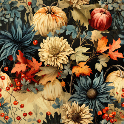 autumn foliage, pumpkins, orange, burgundy, teal, cream, beige, floral pattern, chrysanthemums, maple leaves, red berries, thanksgiving theme, fall colors, botanical design, quilting cotton, fabric panel, harvest motif, seasonal pattern, warm tones, vintage style