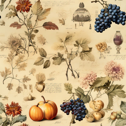 beige background, autumn colors, orange pumpkins, purple grapes, botanical illustrations, vintage style, fall harvest, dahlia flowers, vine leaves, acorns, nuts, quilting cotton, fabric panel, thanksgiving theme, warm tones, botanical motifs, seasonal fruits, harvest elements, muted palette, rustic charm