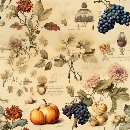 beige background, autumn colors, orange pumpkins, purple grapes, botanical illustrations, vintage style, fall harvest, dahlia flowers, vine leaves, acorns, nuts, quilting cotton, fabric panel, thanksgiving theme, warm tones, botanical motifs, seasonal fruits, harvest elements, muted palette, rustic charm