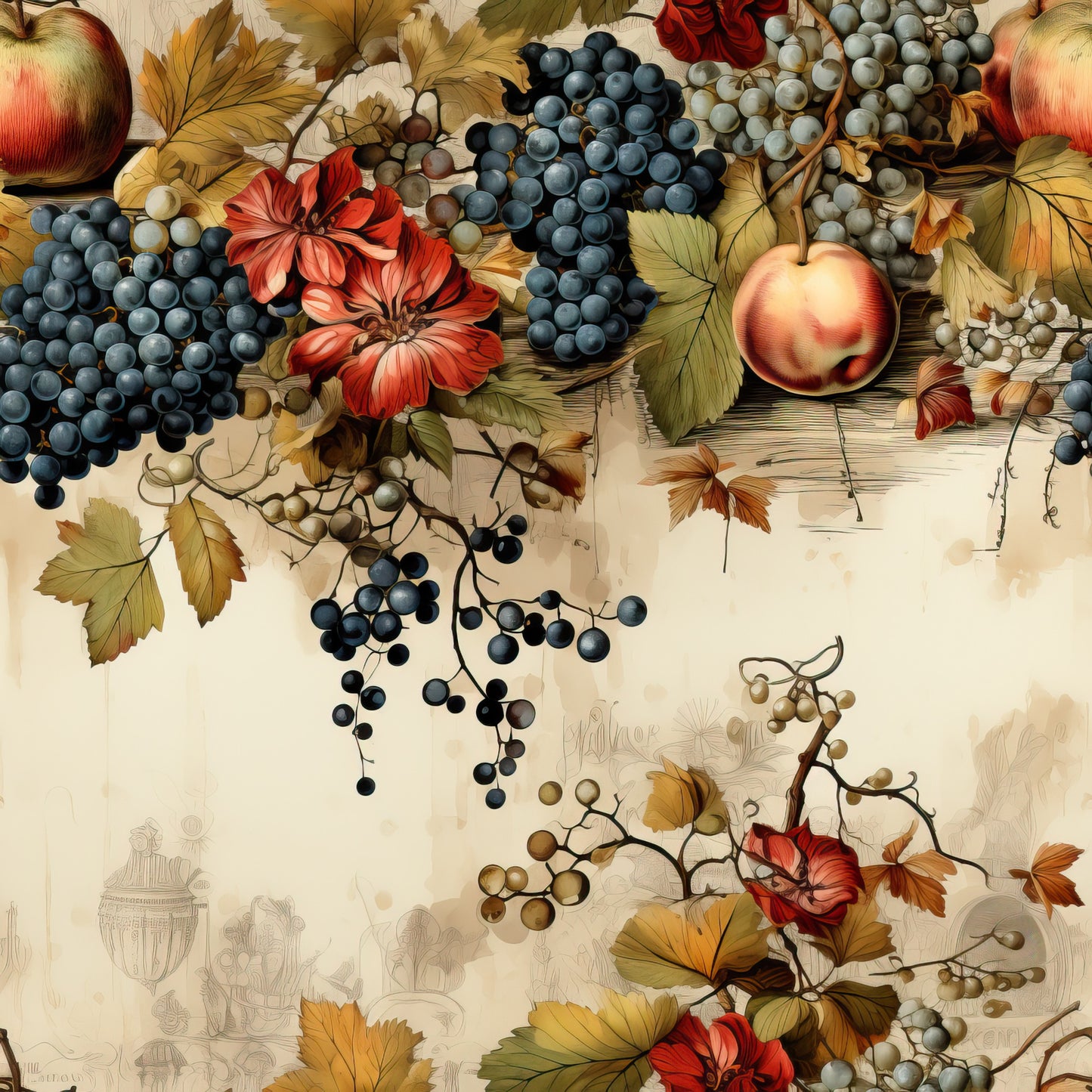 autumn harvest, grapes, apples, peaches, red flowers, golden leaves, burgundy, navy blue, cream background, botanical illustration, fruit clusters, vine pattern, fall foliage, quilting cotton, fabric panel, thanksgiving theme, vintage style, cornucopia elements, amber tones, seasonal motifs