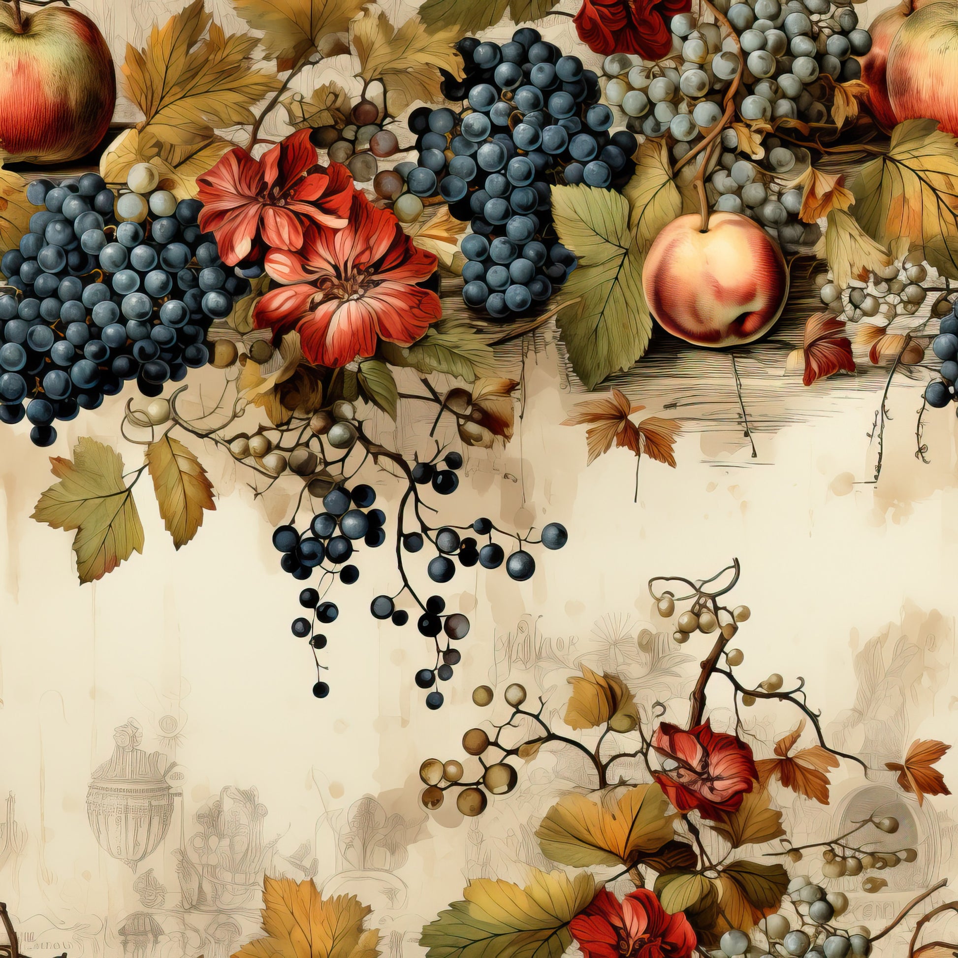 autumn harvest, grapes, apples, peaches, red flowers, golden leaves, burgundy, navy blue, cream background, botanical illustration, fruit clusters, vine pattern, fall foliage, quilting cotton, fabric panel, thanksgiving theme, vintage style, cornucopia elements, amber tones, seasonal motifs