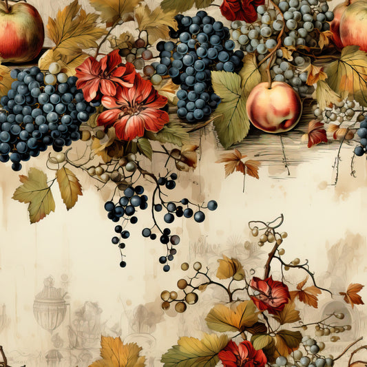 autumn harvest, grapes, apples, peaches, red flowers, golden leaves, burgundy, navy blue, cream background, botanical illustration, fruit clusters, vine pattern, fall foliage, quilting cotton, fabric panel, thanksgiving theme, vintage style, cornucopia elements, amber tones, seasonal motifs