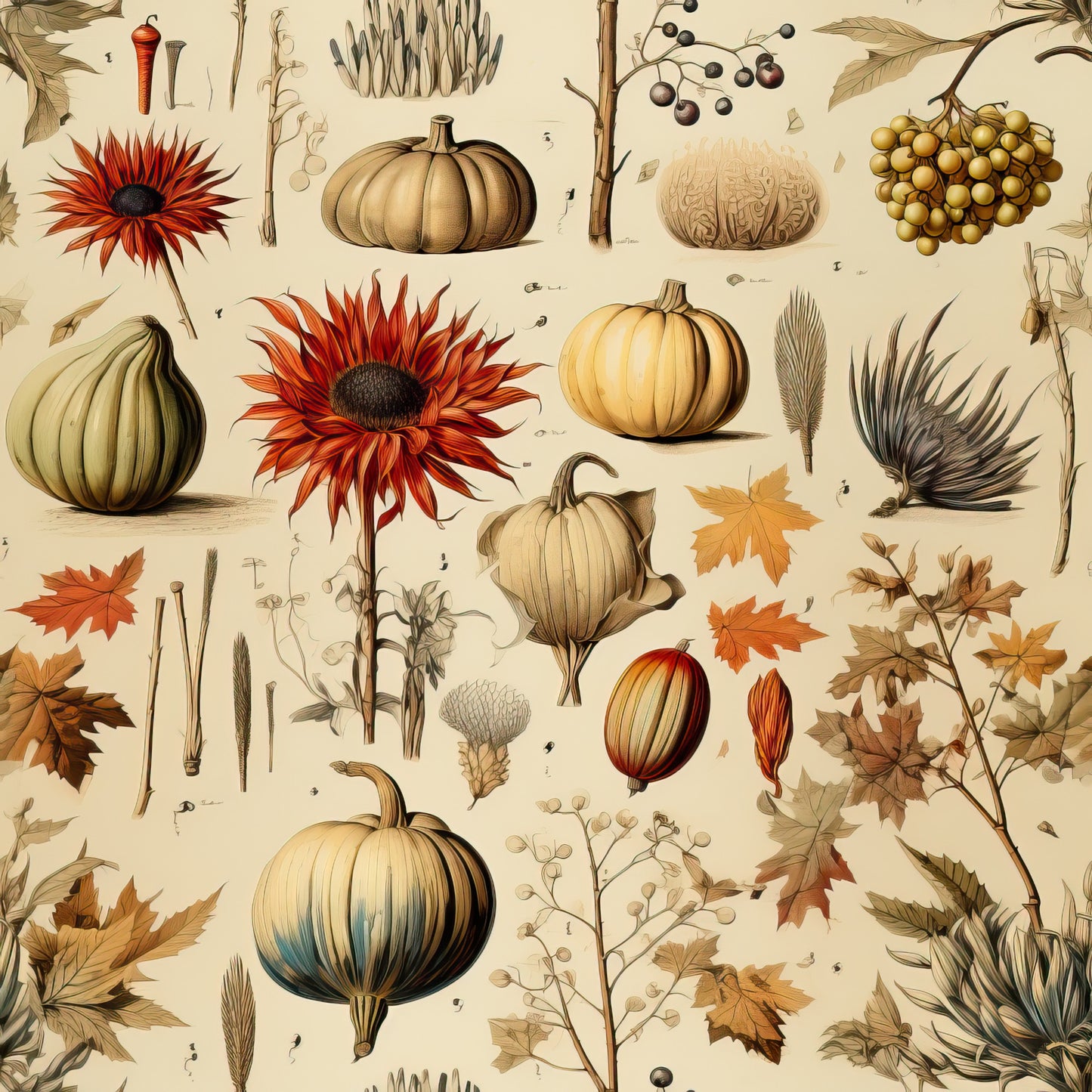 autumn harvest, pumpkins, sunflowers, fall leaves, botanical illustration, vintage style, warm earth tones, orange petals, golden yellow, cream background, wheat stalks, berries, gourds, maple leaves, quilting cotton, fabric panel, thanksgiving theme, rustic charm, nature motifs, seasonal elements