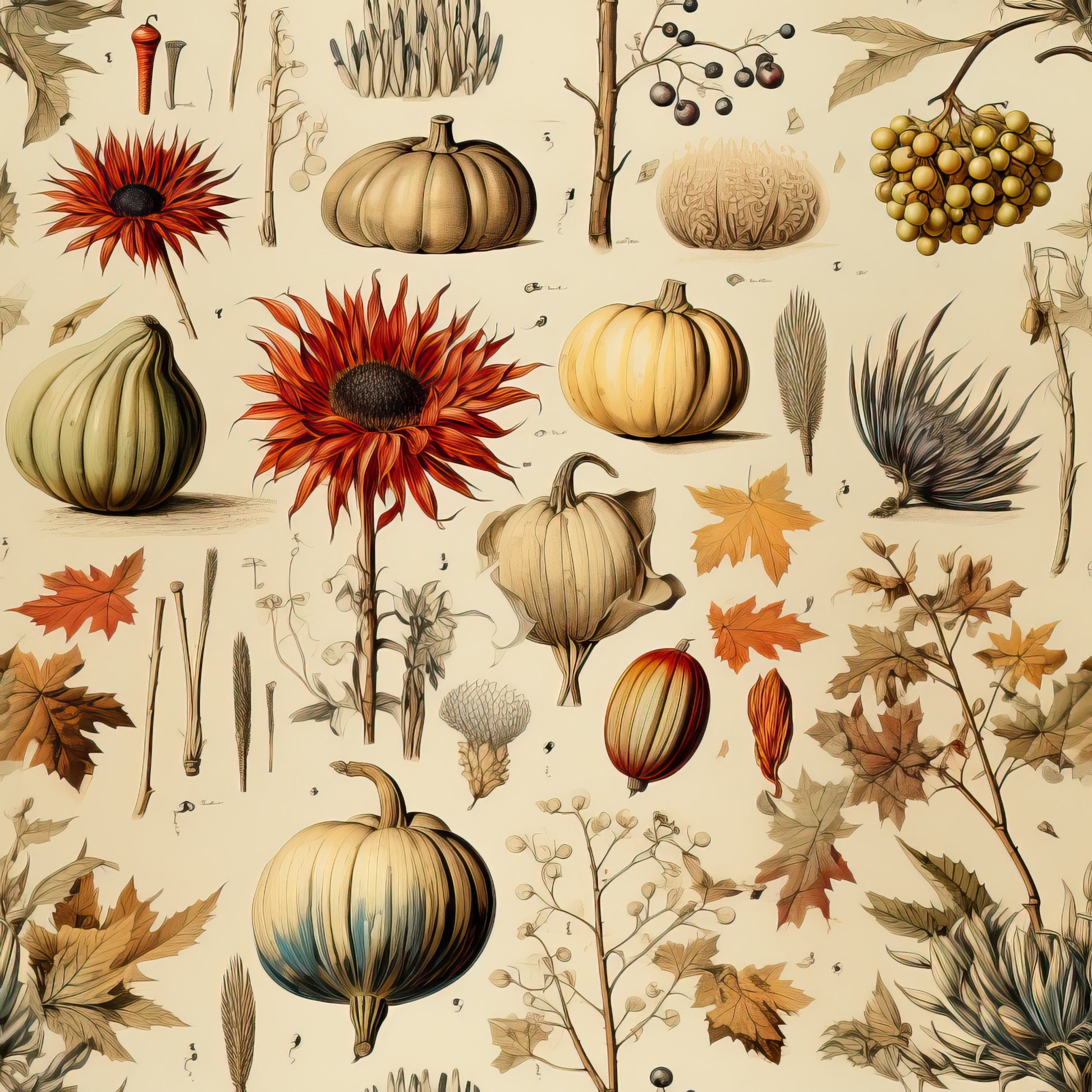autumn harvest, pumpkins, sunflowers, fall leaves, botanical illustration, vintage style, warm earth tones, orange petals, golden yellow, cream background, wheat stalks, berries, gourds, maple leaves, quilting cotton, fabric panel, thanksgiving theme, rustic charm, nature motifs, seasonal elements