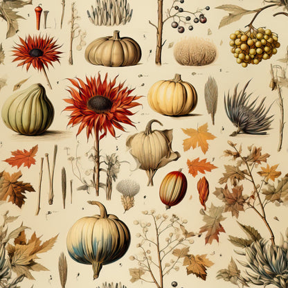 autumn harvest, pumpkins, sunflowers, fall leaves, botanical illustration, vintage style, warm earth tones, orange petals, golden yellow, cream background, wheat stalks, berries, gourds, maple leaves, quilting cotton, fabric panel, thanksgiving theme, rustic charm, nature motifs, seasonal elements