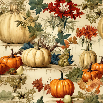 autumn harvest, pumpkins, orange gourds, cream pumpkins, fall leaves, grape clusters, red flowers, chrysanthemums, botanical illustration, warm tones, beige background, thanksgiving theme, quilting cotton, fabric panel, seasonal design, vintage style, detailed artwork, harvest bounty, fall florals, rustic elegance